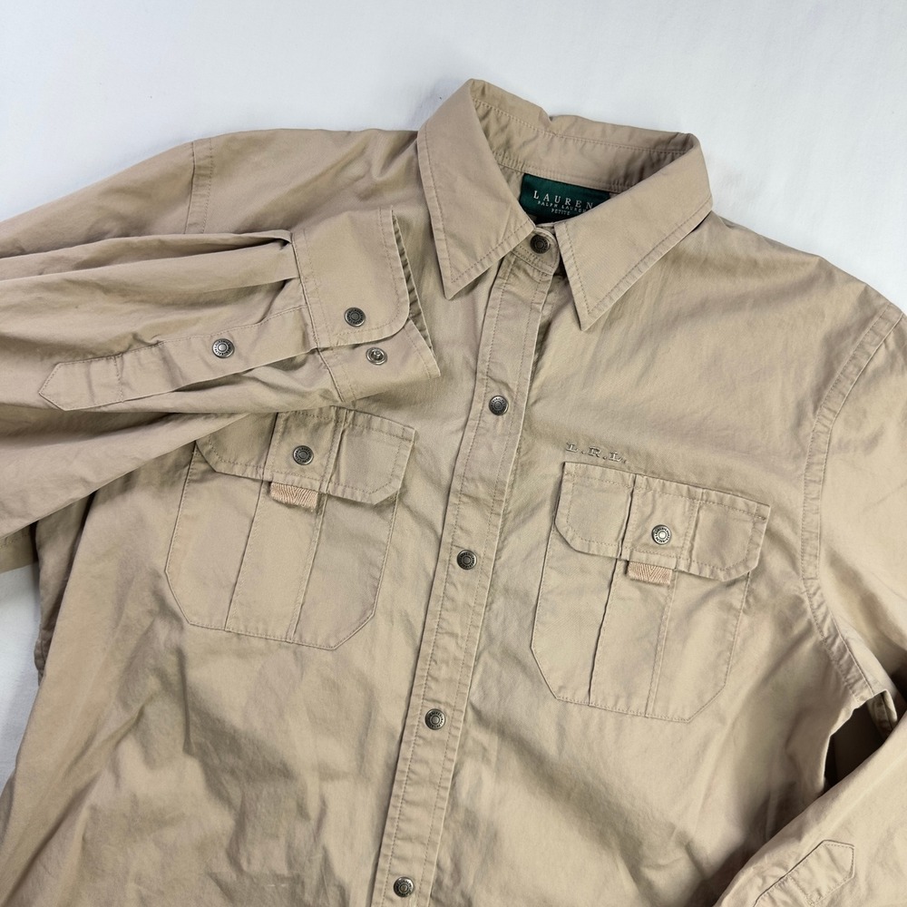 Lauren Ralph Lauren Shirt Women's Petite Medium‎ PM Khaki Tan Button Down L/S